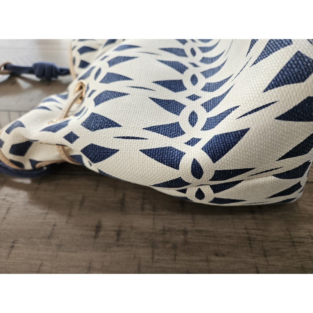 Spartina 449 Bucket Bag Blue Geo Linen Leather Drawstring Nautical Coastal Chic - Picture 10 of 16